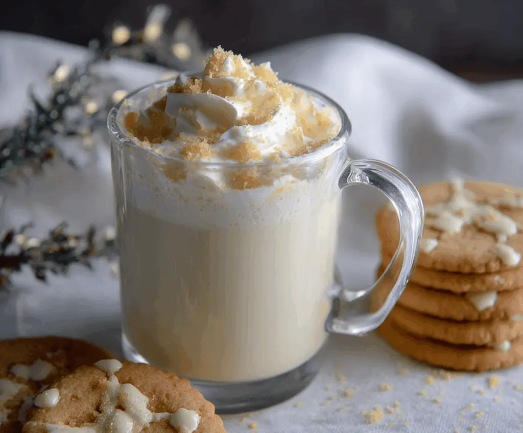 Creamy sugar cookie white hot chocolate topped with whipped cream and sprinkles, perfect for winter warming.
