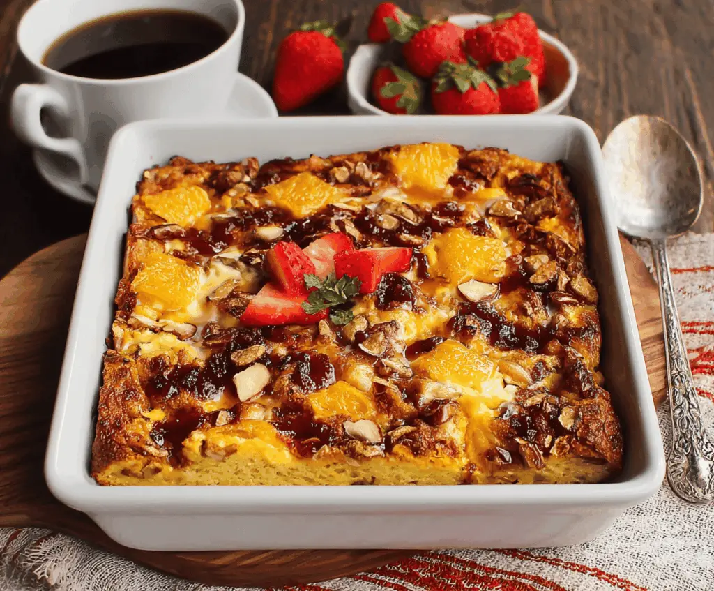 Delicious sweet breakfast casserole with eggs, cinnamon, and sugar in a baking dish.