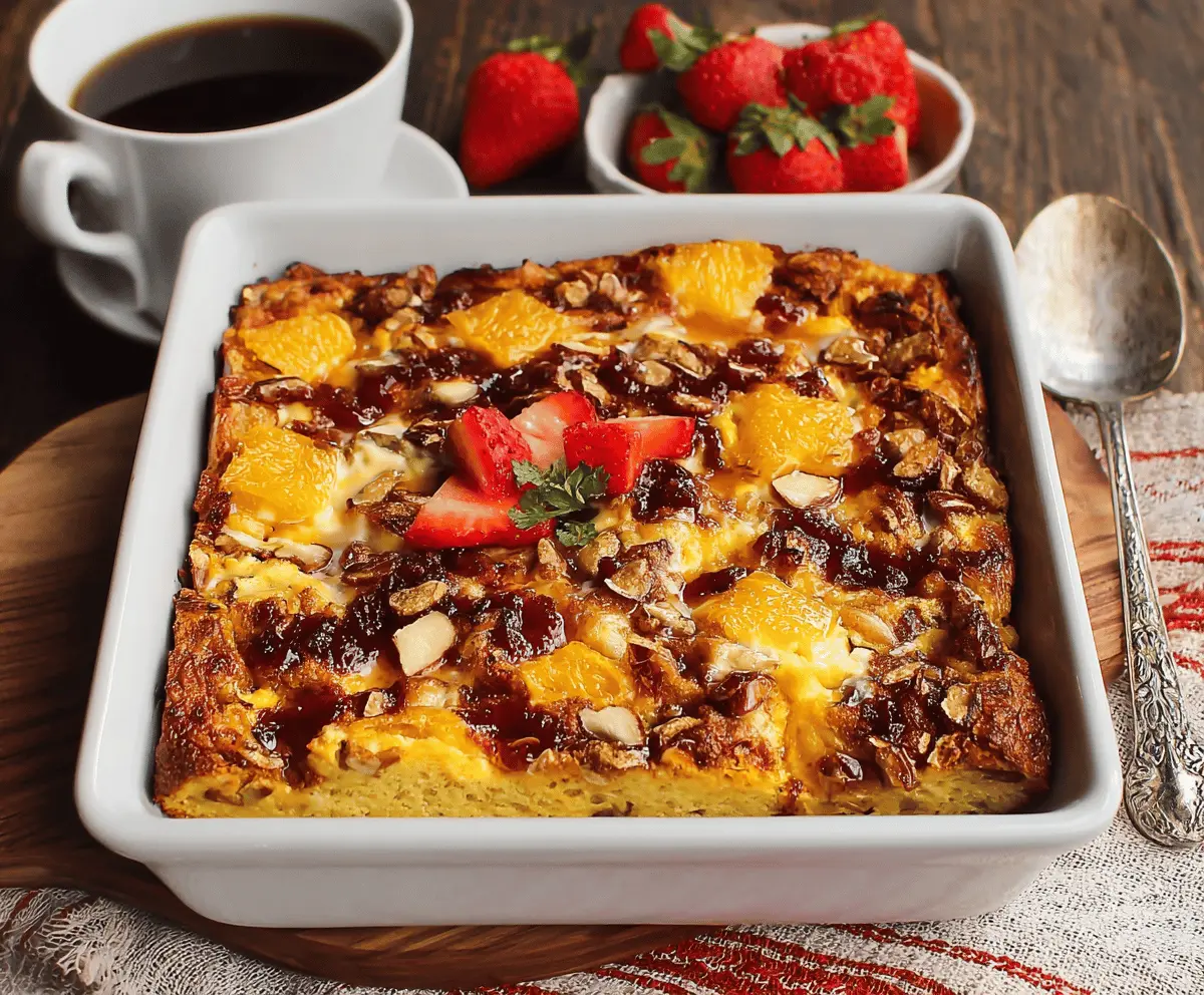 Delicious sweet breakfast casserole with eggs, cinnamon, and sugar in a baking dish.