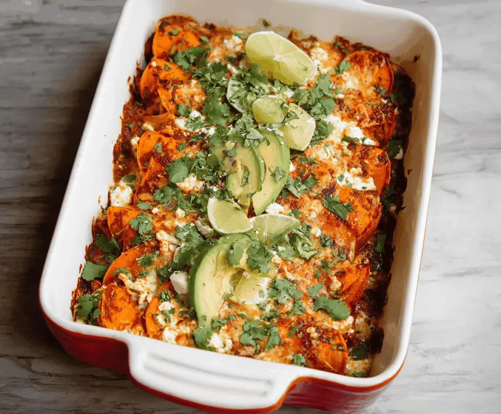 Delicious sweet potato chicken enchiladas served on a plate with melted cheese and fresh cilantro.