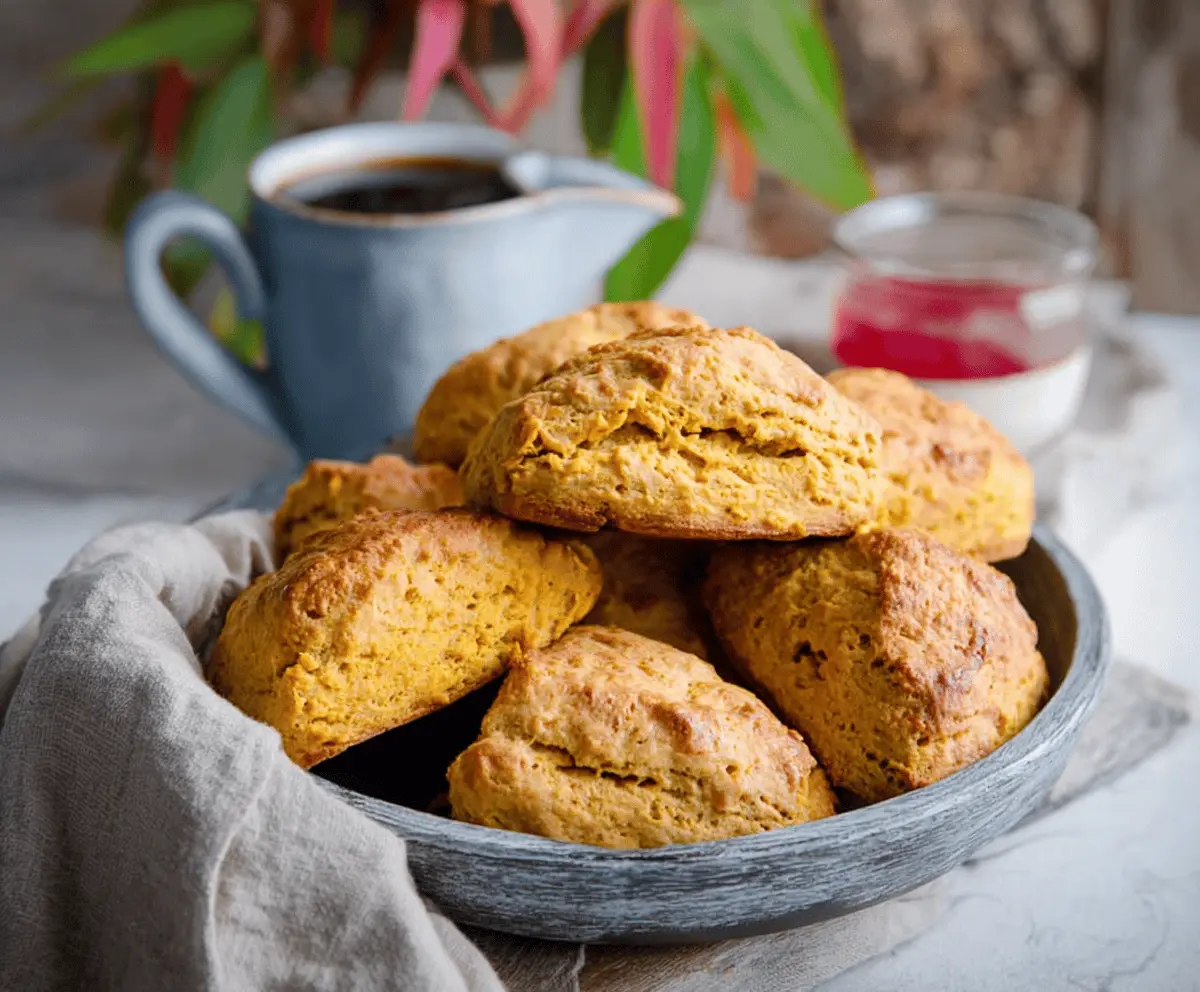 Delicious sweet potato scones fresh out of the oven, golden and flaky.