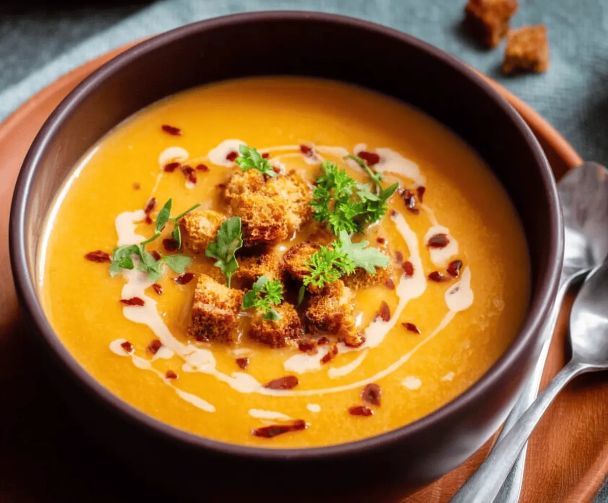 Creamy vegan sweet potato soup served in a bowl with fresh herbs, perfect for a healthy meal.