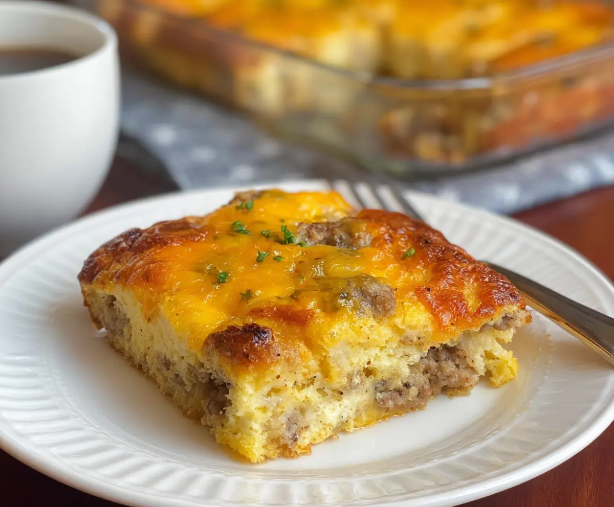 Delicious 4 Ingredient Sausage Breakfast Casserole served in a baking dish with golden toppings