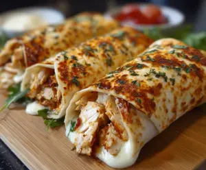 Delicious air fryer chicken and mozzarella wraps served hot, showcasing crispy golden wraps filled with melted cheese and tender chicken.