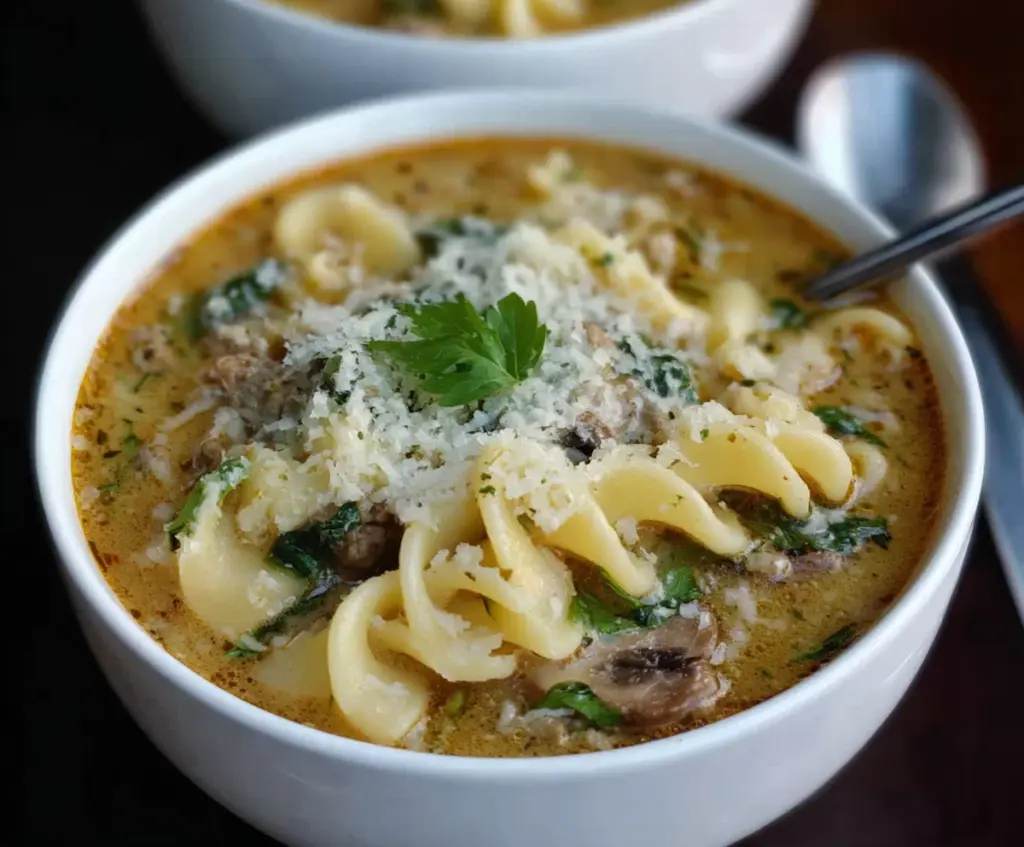 Creamy Alfredo Lasagna Soup in a bowl with melted cheese and herbs, perfect for comforting meals