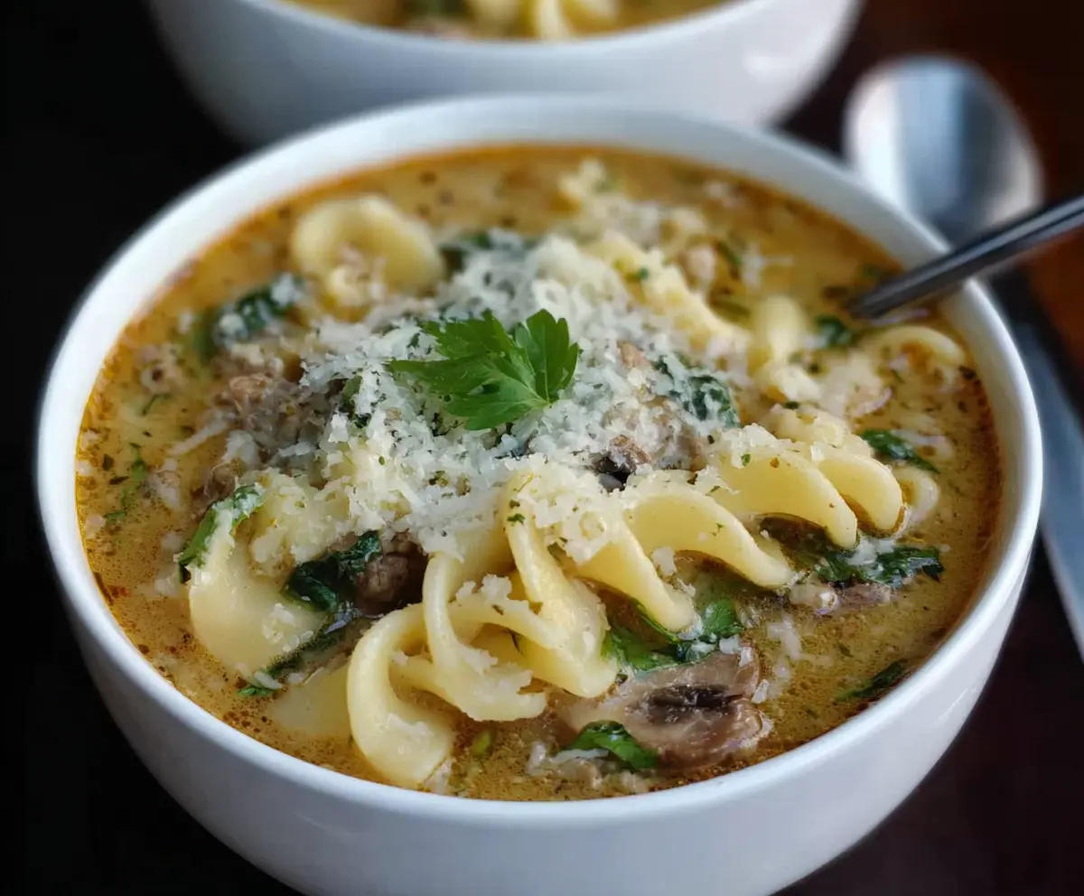 Creamy Alfredo Lasagna Soup in a bowl with melted cheese and herbs, perfect for comforting meals
