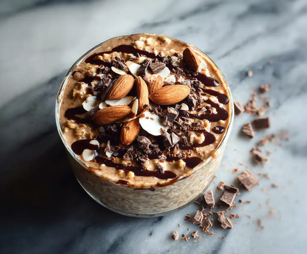 Creamy almond and dark chocolate overnight oats in a glass jar topped with almonds and chocolate chips.