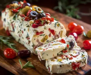 Delicious Antipasto Cream Cheese Log appetizer garnished with herbs and colorful vegetables.