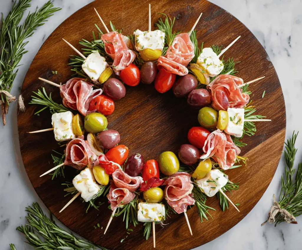 Colorful antipasto wreath skewers with salami, cheese, and vegetables for appetizer display.