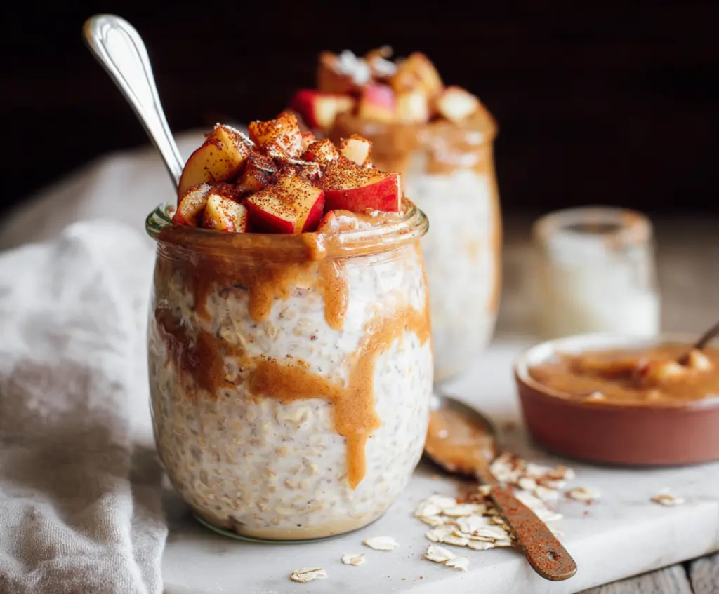 Creamy Apple Pie Overnight Oats topped with fresh apple slices and cinnamon for a delicious breakfast.