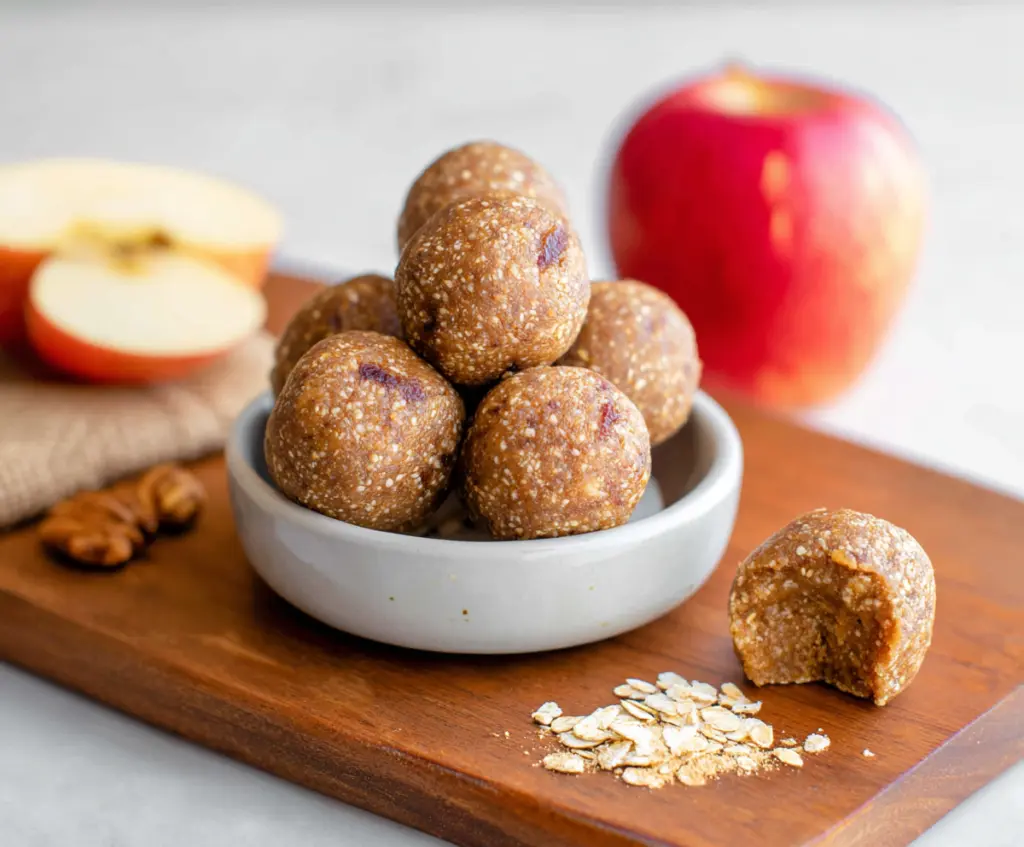Delicious Apple Pie Protein Bites with a golden crust and hints of cinnamon and apple chunks, perfect for a healthy snack.