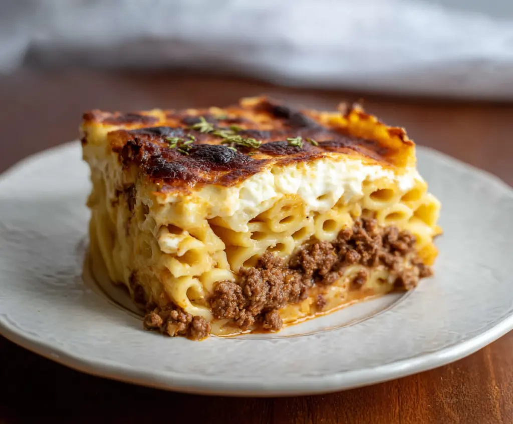 Delicious homemade Greek Pastitsio lasagna with layers of pasta, meat sauce, and béchamel topping.