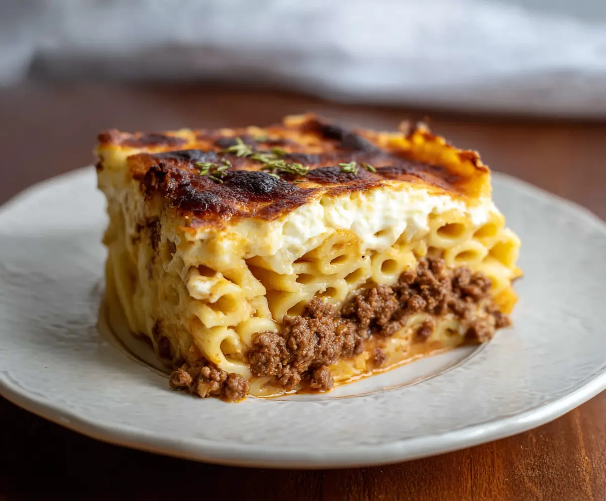 Delicious homemade Greek Pastitsio lasagna with layers of pasta, meat sauce, and béchamel topping.