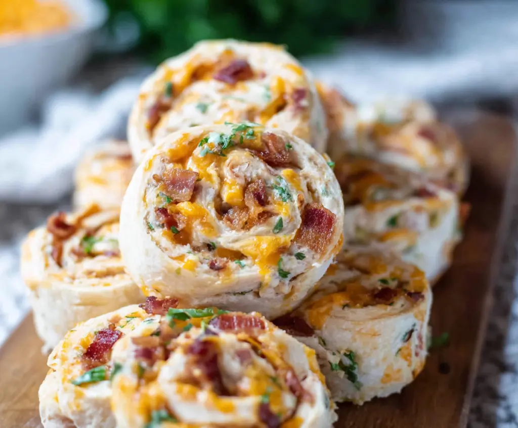 Delicious Bacon Cheddar Ranch Pinwheels on a serving platter, showcasing crispy bacon, melted cheddar cheese, and fresh herbs.