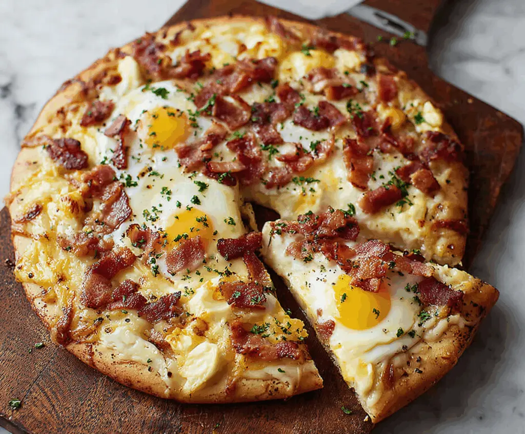 Delicious bacon and egg breakfast pizza topped with melted cheese on a golden crust.