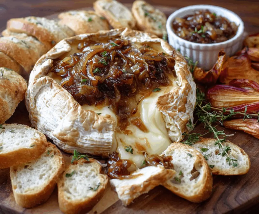 Delicious baked brie topped with sweet caramelized onions served on a rustic platter.
