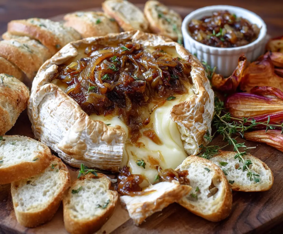 Delicious baked brie topped with sweet caramelized onions served on a rustic platter.