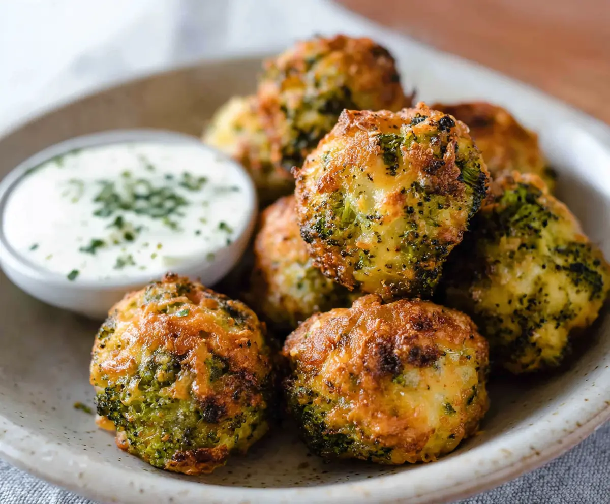Delicious baked broccoli cheese balls on a serving plate, perfect for healthy snacks and appetizer recipes.