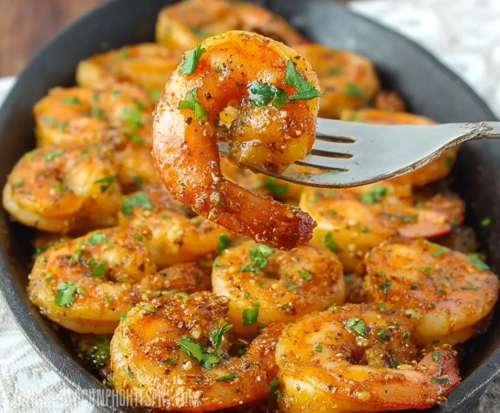 Delicious baked Cajun shrimp served on a plate with seasoning and lemon wedges