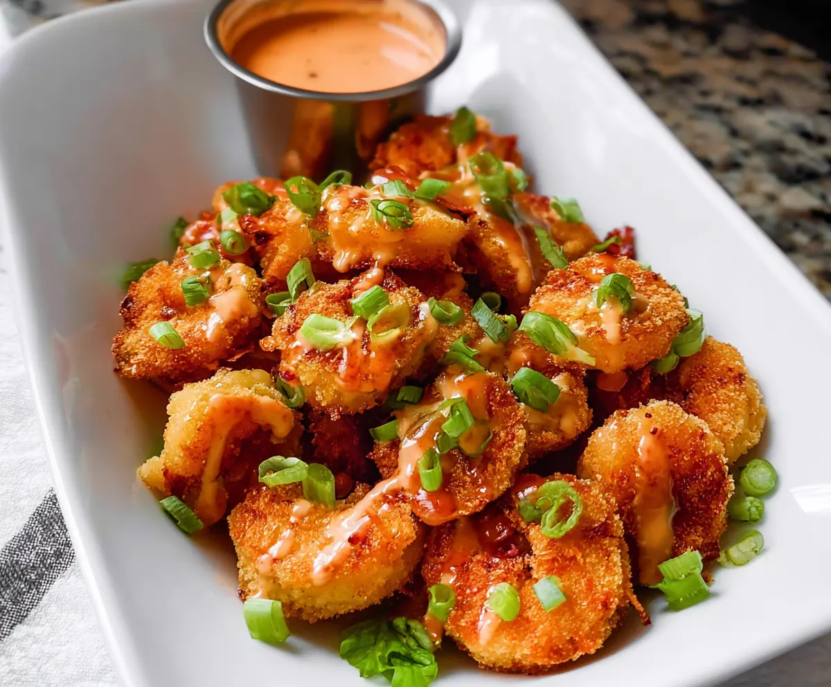 Delicious Bang Bang Shrimp Bites served on a white plate, garnished with green herbs
