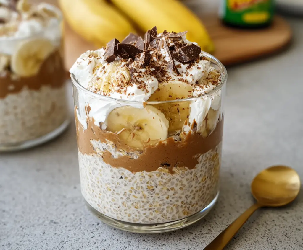 Creamy Banoffee Pie Overnight Oats topped with caramelized bananas and whipped cream for a delicious breakfast