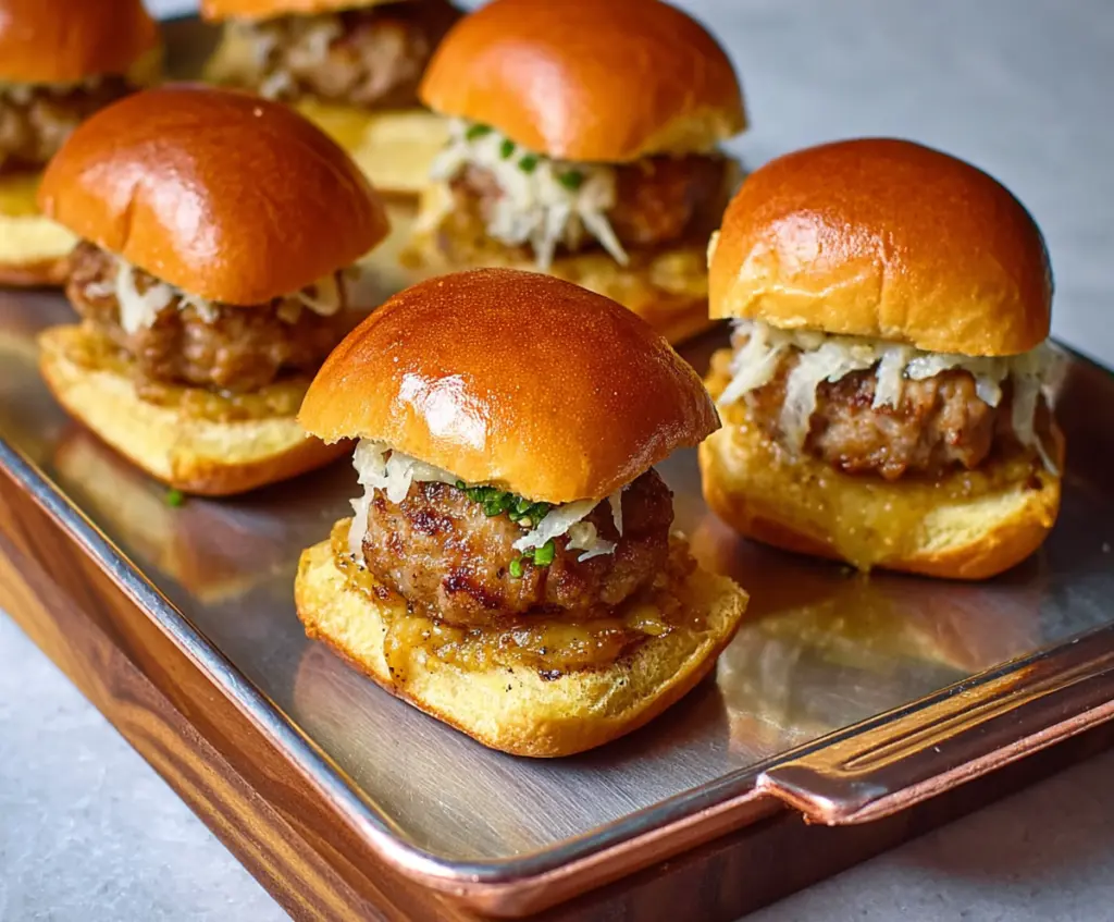Delicious Beer Brat Sliders with melted cheese and savory sausage on slider buns