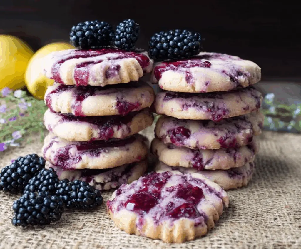 Delicious black raspberry and lemon shortbread cookies on a rustic plate, perfect for dessert or tea time.