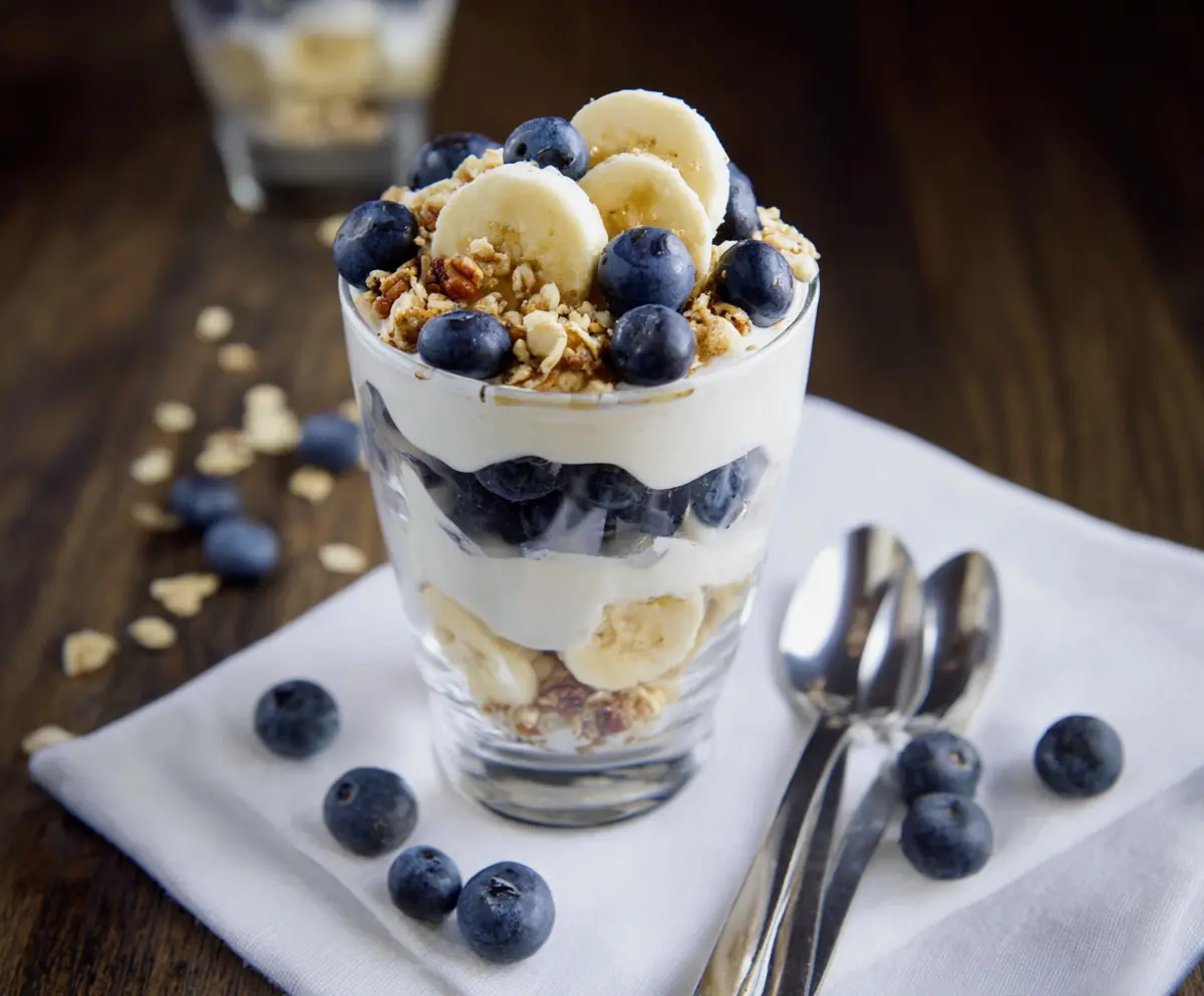 Delicious blueberry banana yogurt parfait layered with fresh fruits and creamy yogurt.