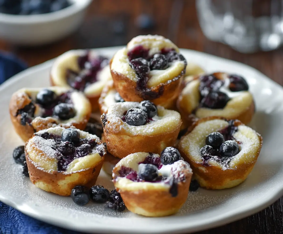 Delicious blueberry pancake bites topped with fresh blueberries and syrup, perfect for breakfast or brunch.