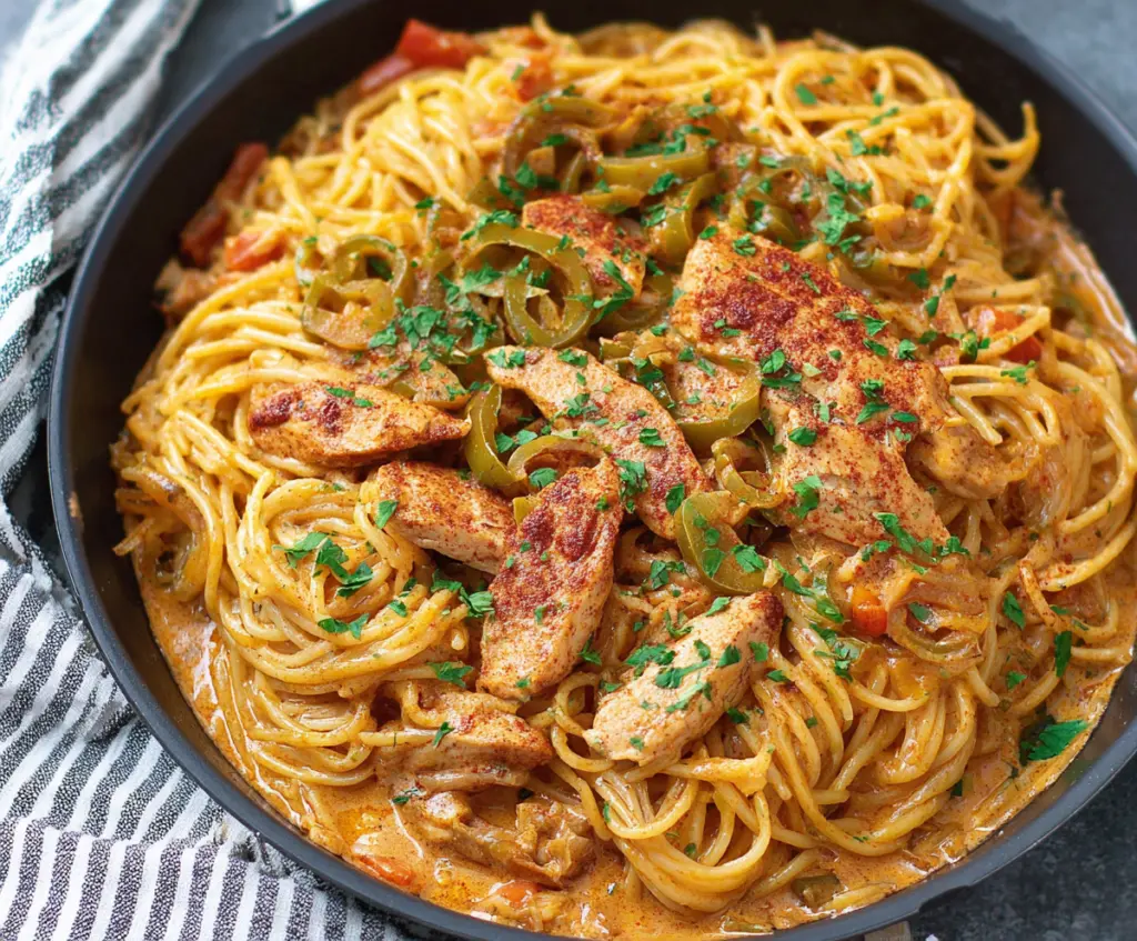 Delicious Cajun chicken spaghetti dish with bold flavors and colorful ingredients on a plate.