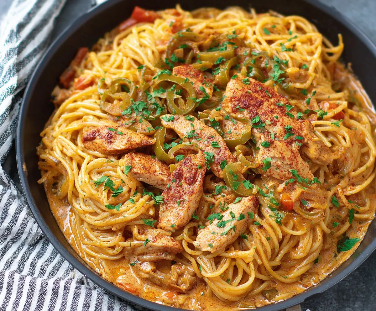 Delicious Cajun chicken spaghetti dish with bold flavors and colorful ingredients on a plate.