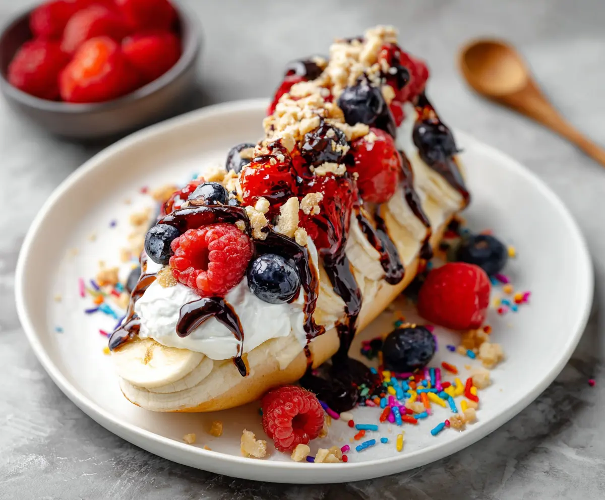 Colorful breakfast banana split with fresh bananas, berries, yogurt, and granola in a glass bowl.