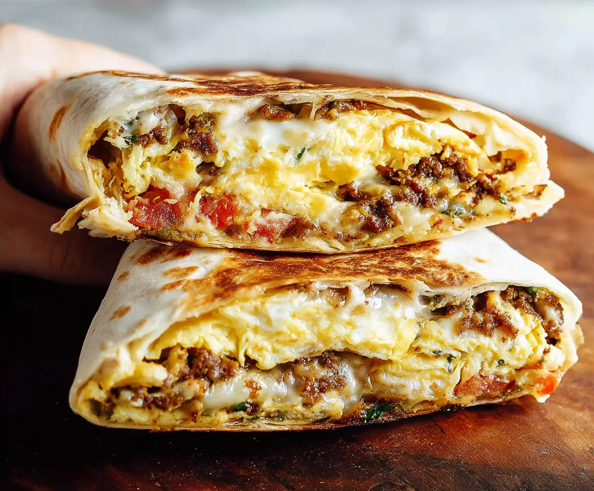 Delicious Breakfast Crunchwrap with eggs, cheese, and crispy bacon on a plate.