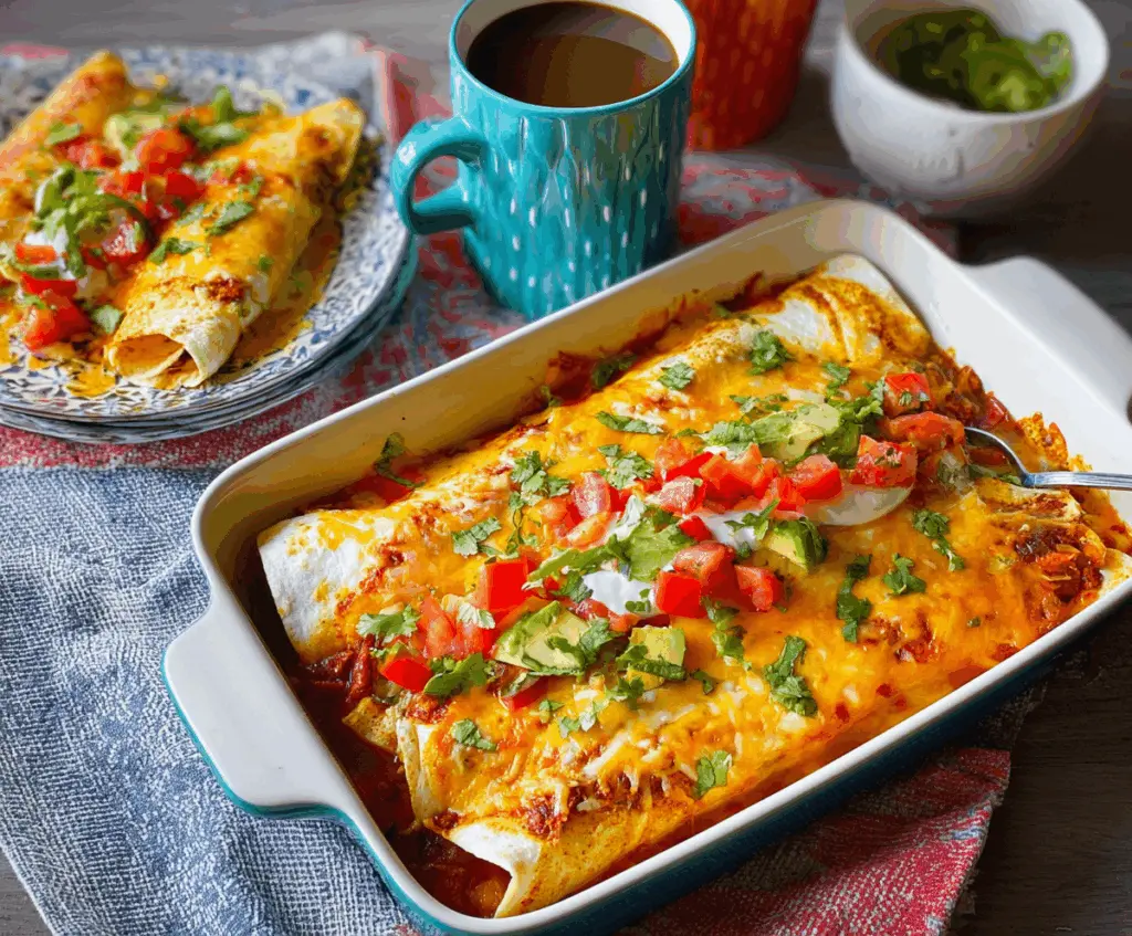 Delicious breakfast enchiladas filled with eggs, cheese, and savory ingredients served on a plate.