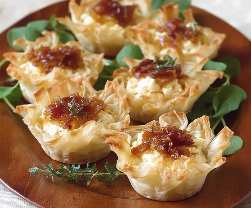 Delicious Brie and bacon phyllo cups served as a tasty appetizer.