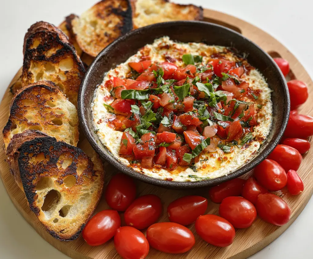 Delicious Bruschetta Dip with fresh tomatoes, basil, and melted cheese served with crusty bread.