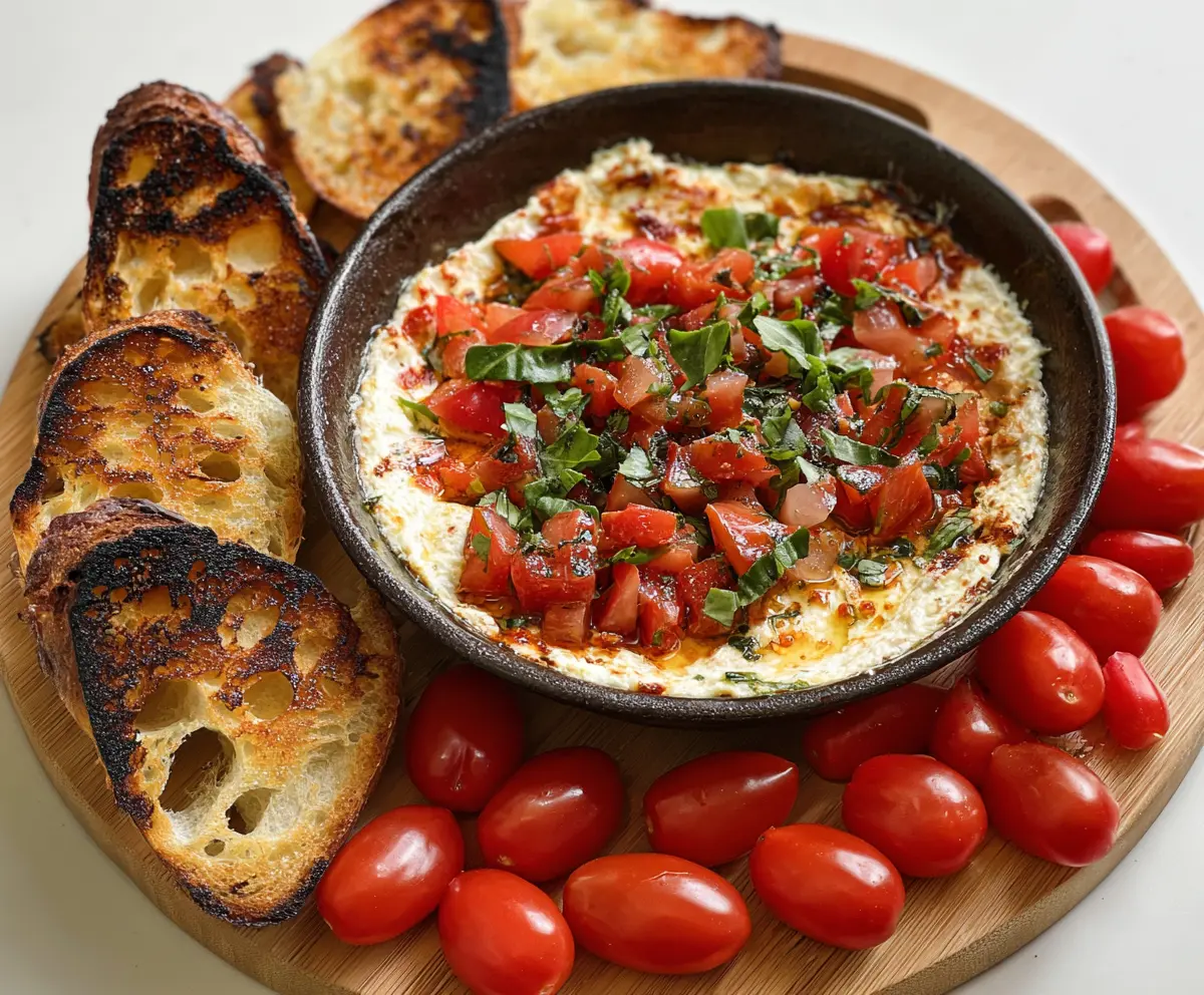Delicious Bruschetta Dip with fresh tomatoes, basil, and melted cheese served with crusty bread.