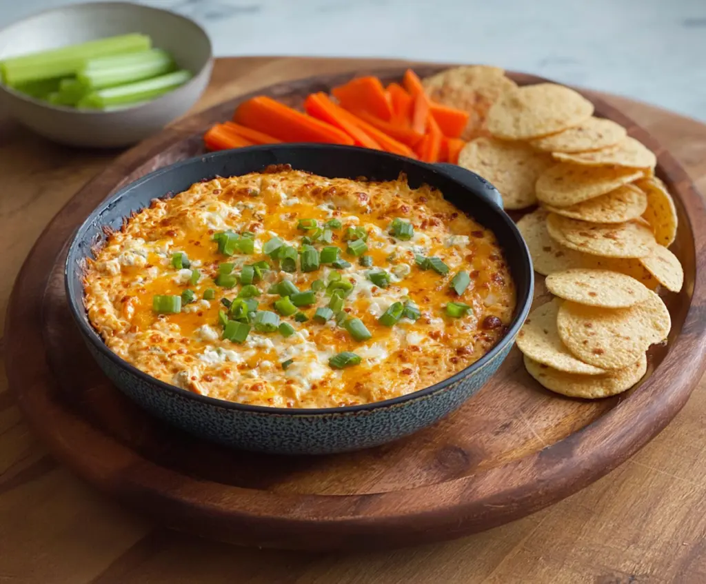 Creamy Buffalo Chicken Dip served with celery sticks and crackers, perfect for parties