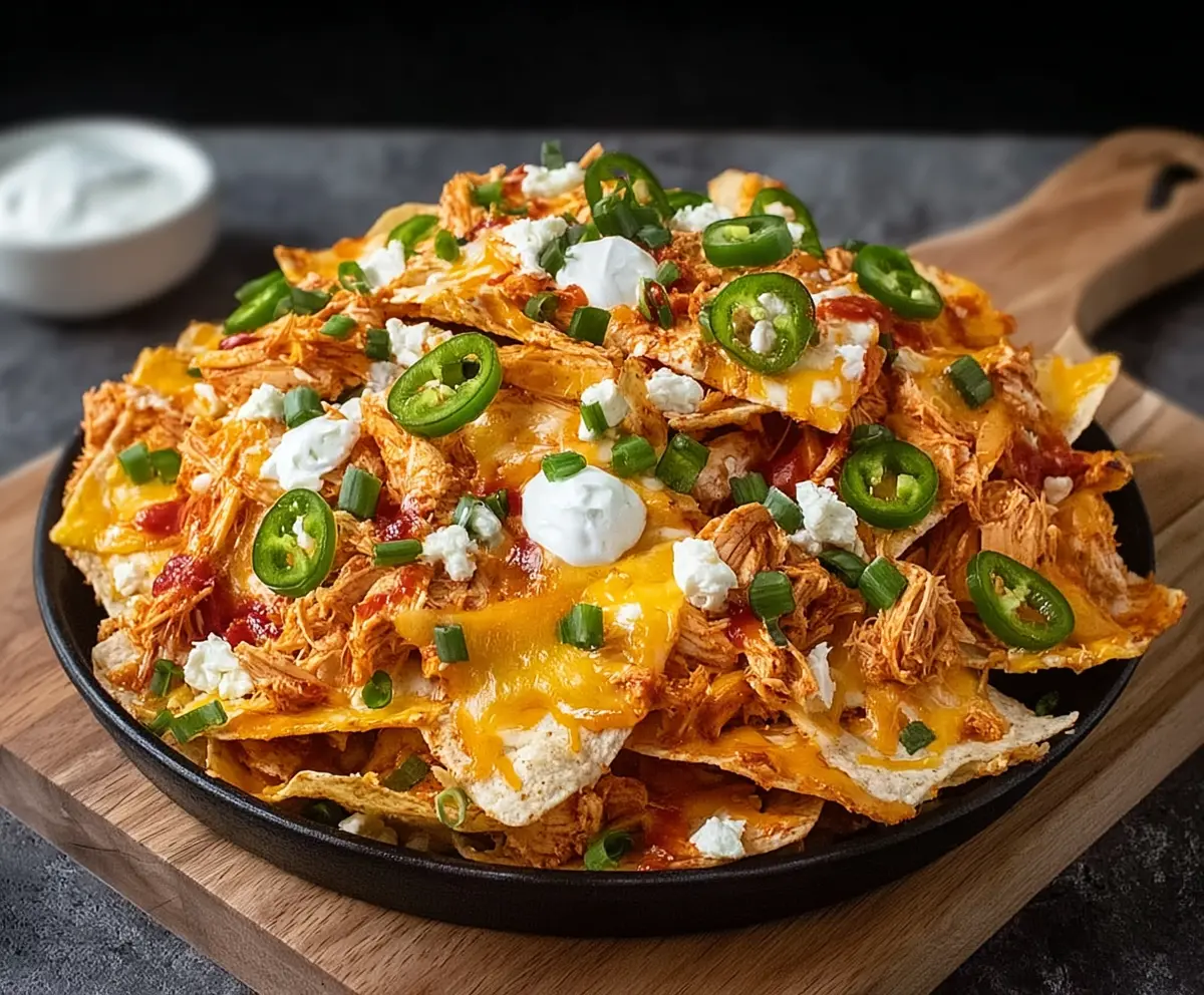 Delicious buffalo chicken nachos topped with melted cheese and fresh herbs for a spicy appetizer.