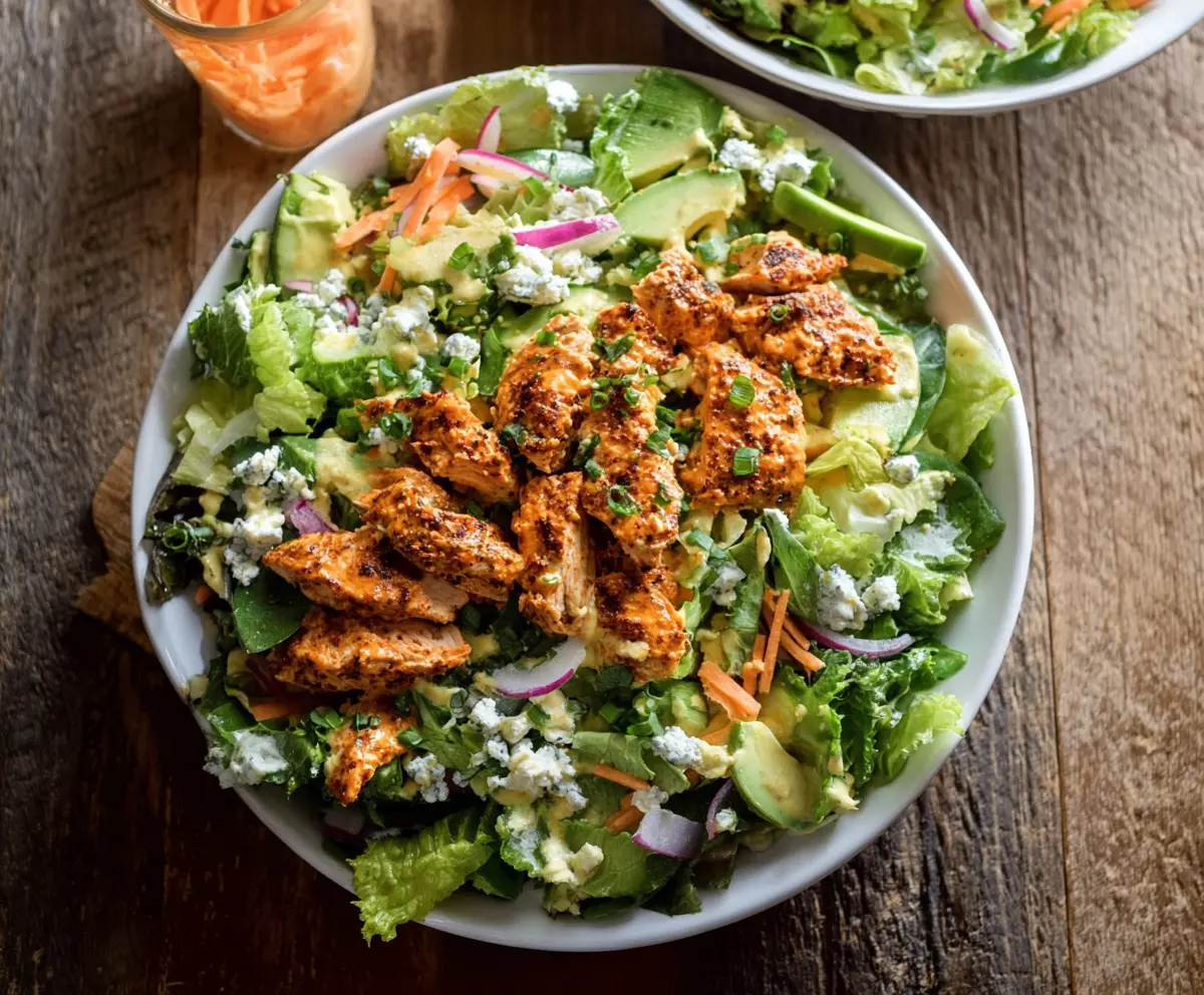 Creamy Buffalo Ranch Chicken Salad served with fresh vegetables and herbs.