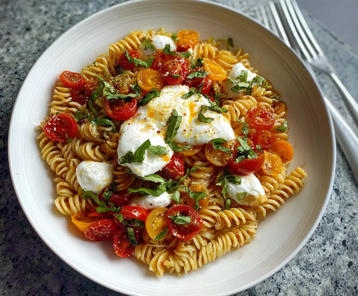 Delicious Burst Tomato Burrata Pasta with fresh basil and olive oil in a modern bowl.