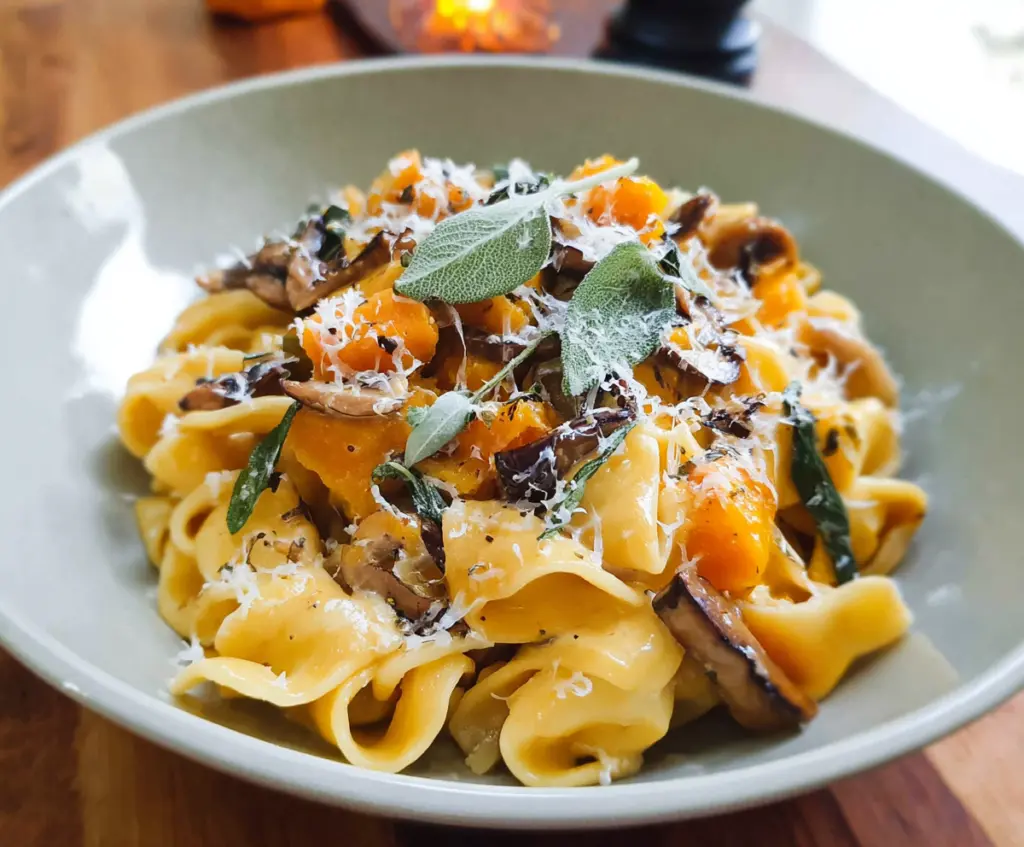 Creamy butternut squash pasta dish with herbs and parmesan cheese.
