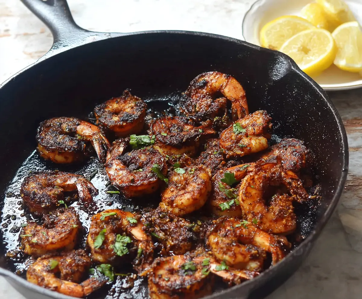 Juicy Cajun Blackened Shrimp served on a plate with lemon wedges and fresh herbs.