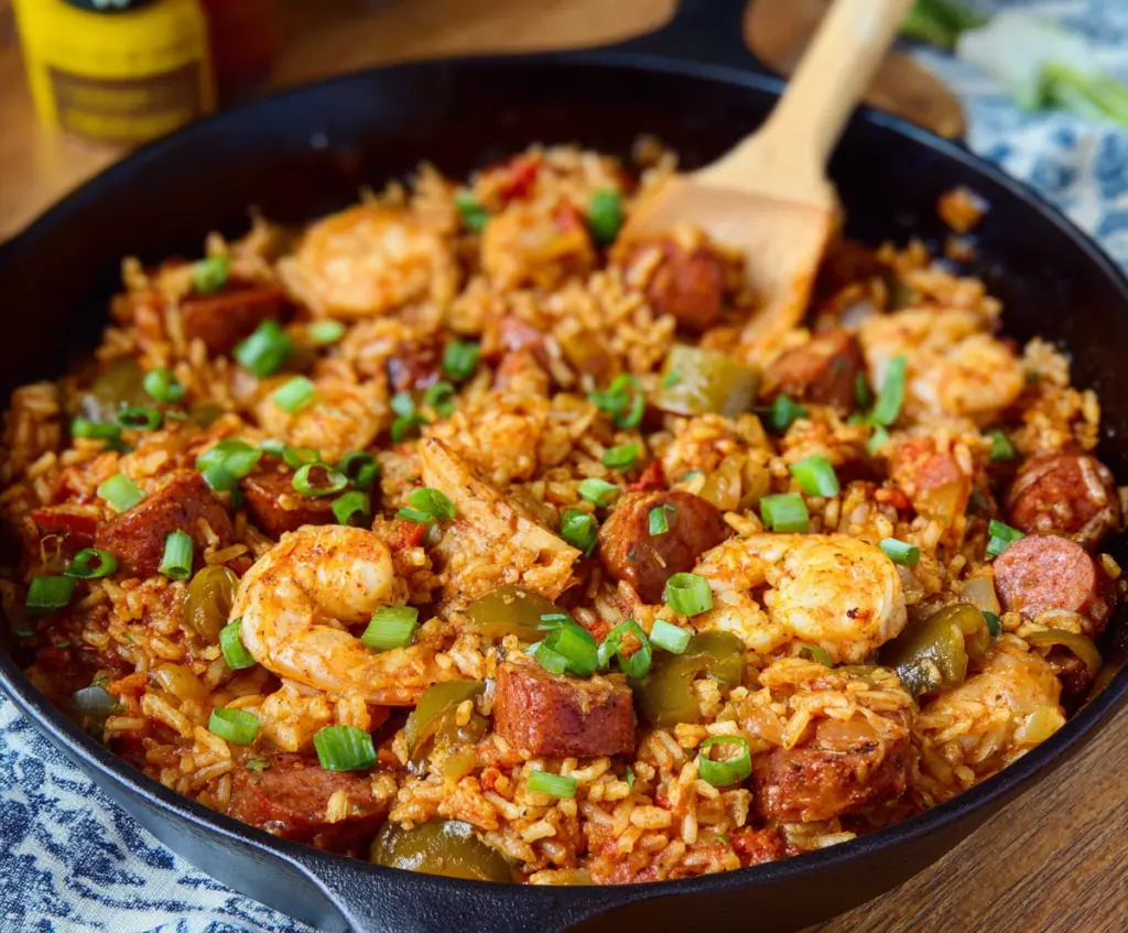 Delicious Cajun jambalaya with tender chicken, shrimp, and sausage in a flavorful spicy sauce.