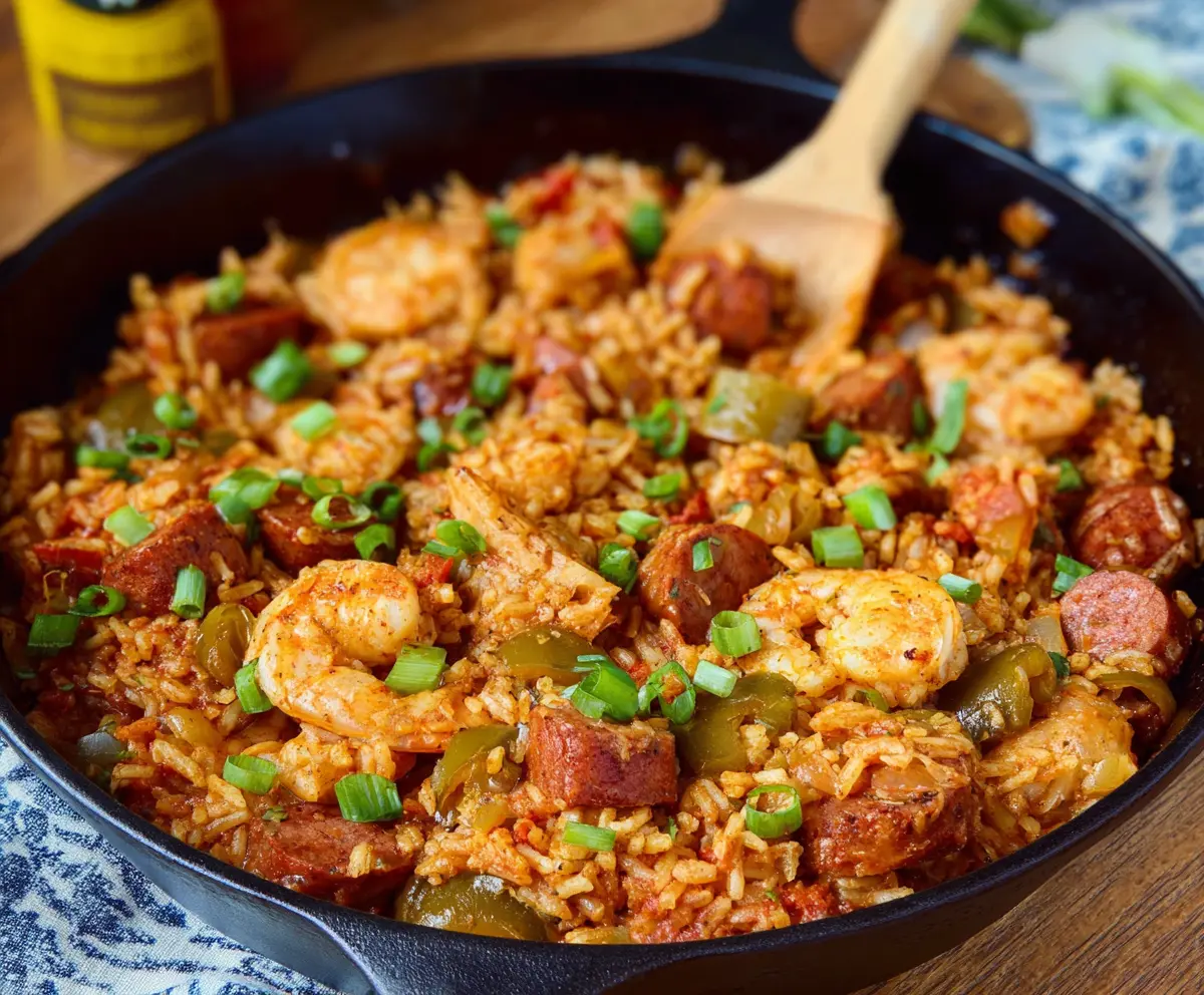 Delicious Cajun jambalaya with tender chicken, shrimp, and sausage in a flavorful spicy sauce.