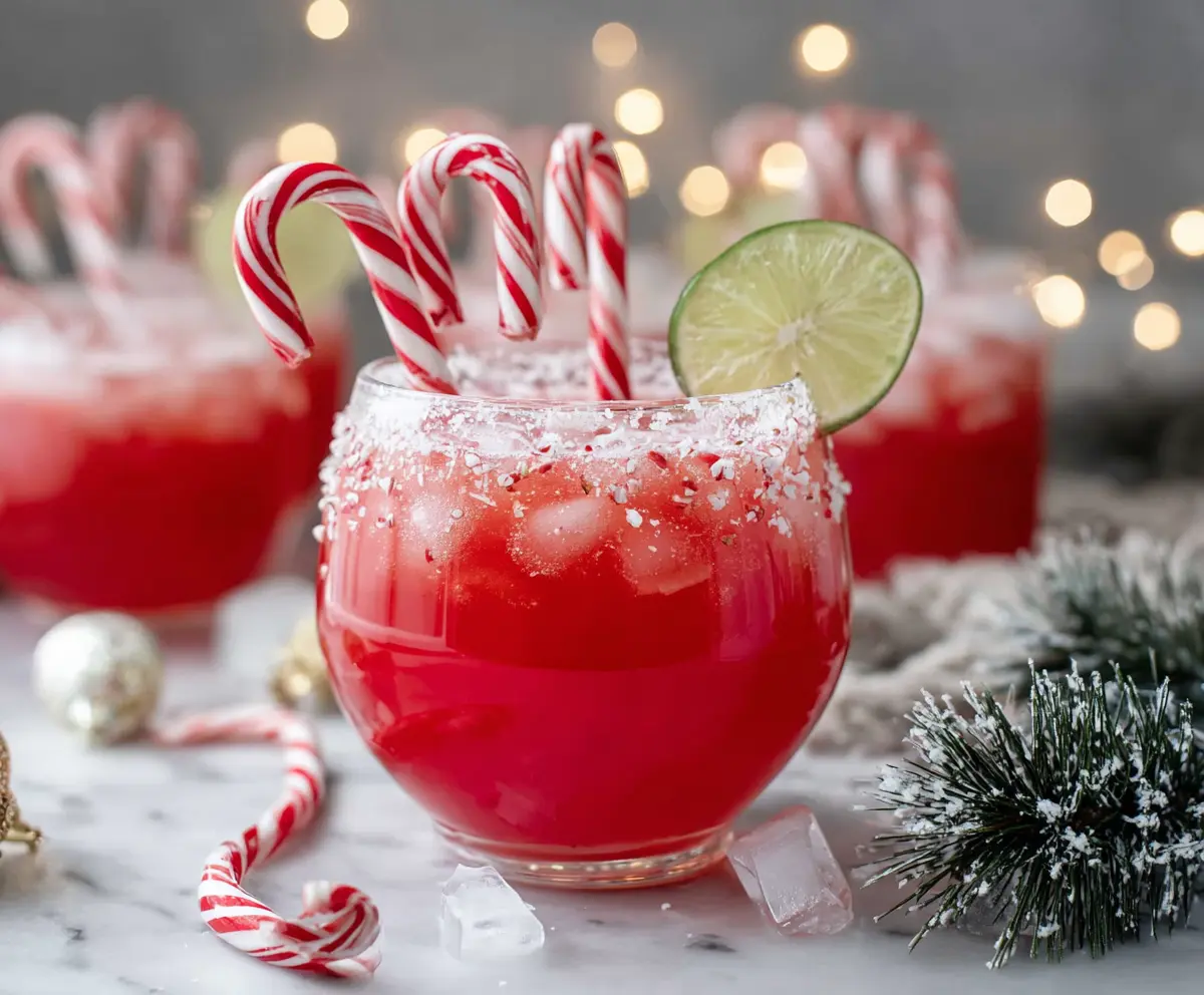 Festive Candy Cane Punch Mocktail with red and white striped drink, perfect for holiday celebrations.