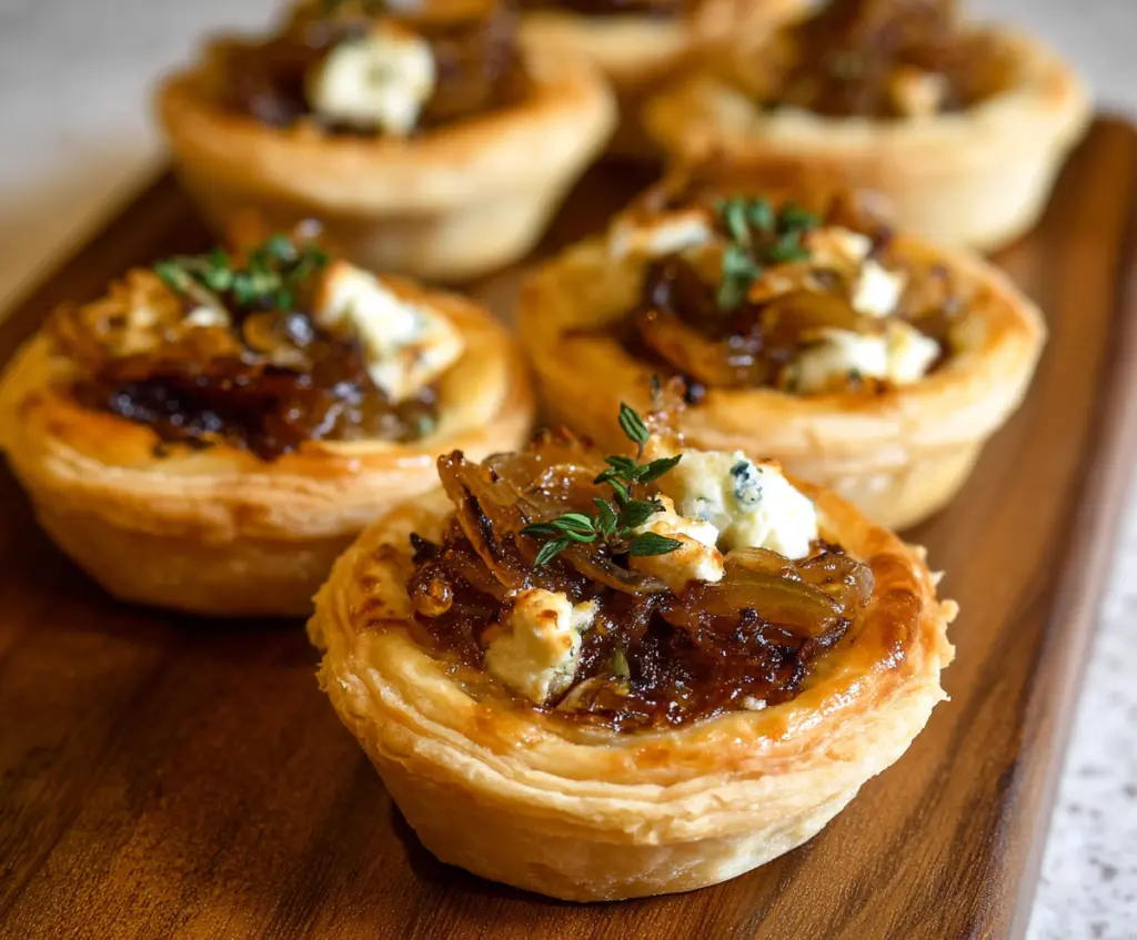 Delicious caramelized onion tartlets with flaky crust and melted cheese on top.