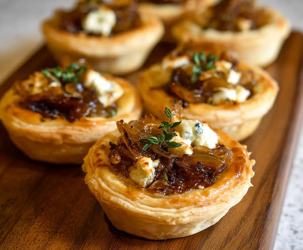 Delicious caramelized onion tartlets with flaky crust and melted cheese on top.