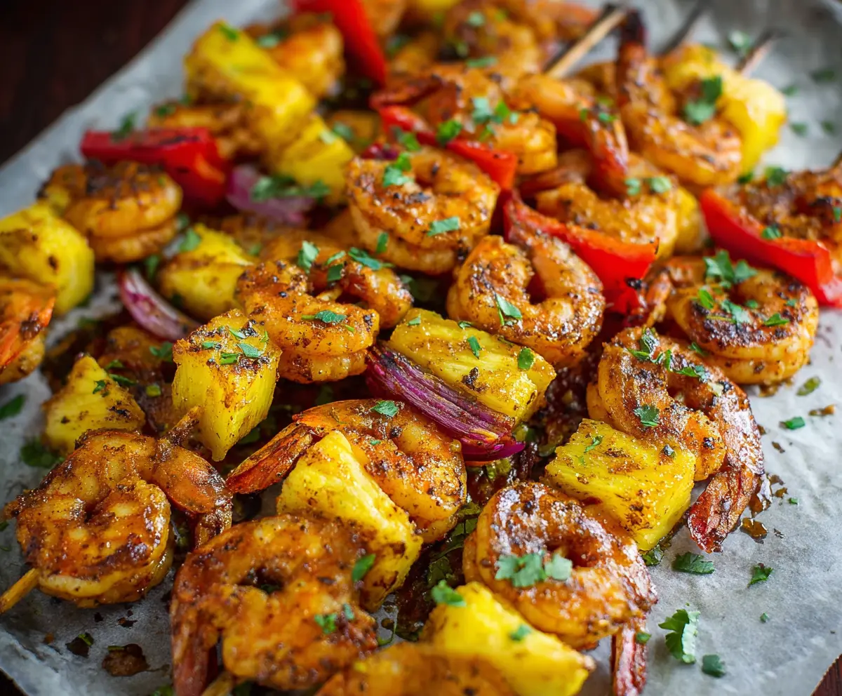 Grilled Caribbean Jerk Shrimp Skewers served with colorful vegetables on a platter.