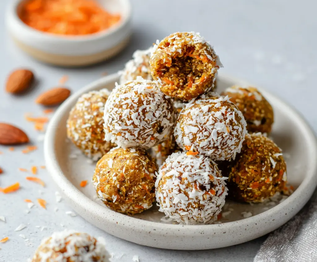 Healthy carrot cake energy bites made with fresh carrots, nuts, and natural sweeteners.
